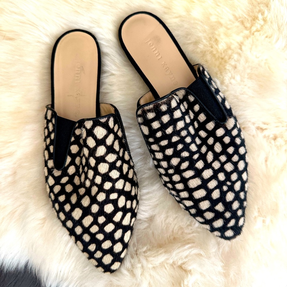 JENNI KAYNE Animal pattern pony hair mules black beige size 35 5 NEVER WORN